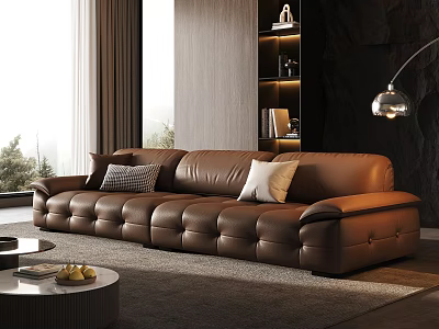 Modern Brown Leather Three Seater Sofa with Plush Pillows Scenic Window View Coffee Table Rug 3d model