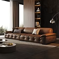 Modern Brown Leather Three Seater Sofa with Plush Pillows Scenic Window View Coffee Table Rug