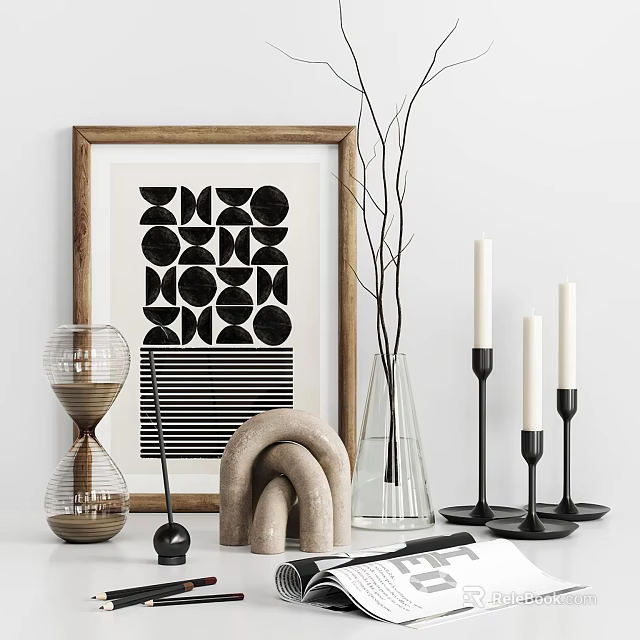 Decorative Ornament Set With Hourglass Framed Artwork Twigs Candles And Abstract Sculpture 3d model 