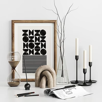 Decorative Ornament Set With Hourglass Framed Artwork Twigs Candles And Abstract Sculpture 3d model