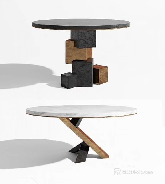Modern Dining Table With Round Marble Top And Crossed Wooden Metal Legs 3d model 