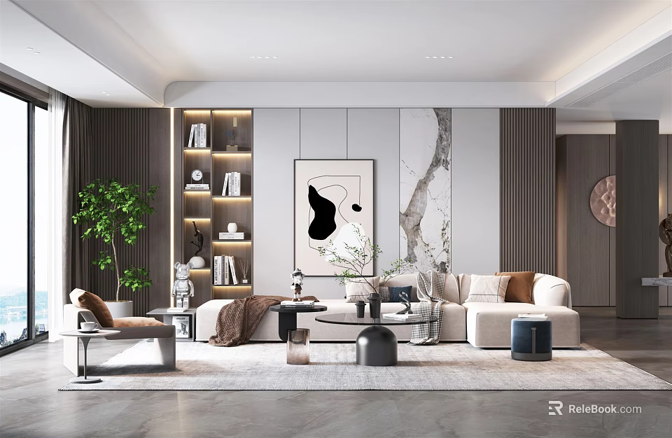 Modern Living Room Interior Design With Sofa Coffee Table Bookshelf Green Plant And Decorative Painting 3d model 