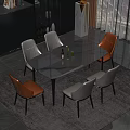 Modern Dining Table Set With White Marble Top And Six White Orange Chairs 3d model