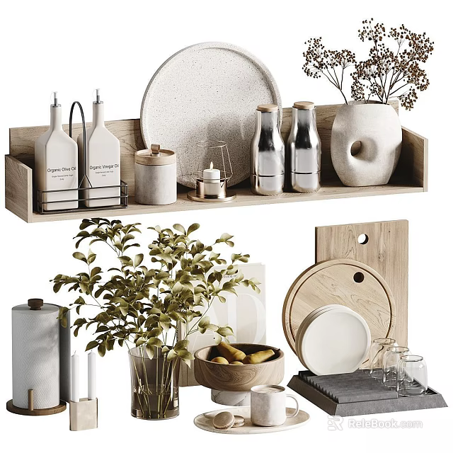 Stylish Tableware Set With Plates Jars And Plants 3d model