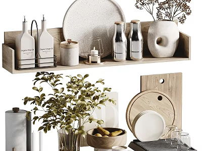 Stylish Tableware Set With Plates Jars And Plants 3d model