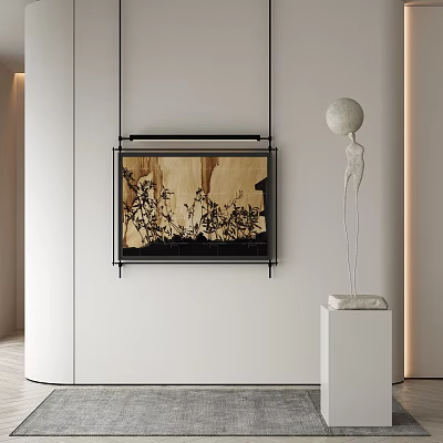 Abstract Art Painting Displayed On Wall With Modern Sculpture 3d model