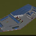Industrial Factory Layout With Blue Roof Silos And Trucks In Grassland Area