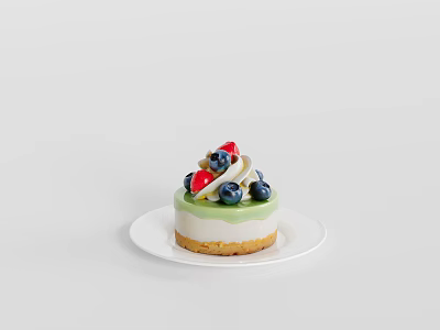 Fresh Green Topped White Layer Cake With Blueberries Strawberries And Mint Leaves On White Plate 3d model