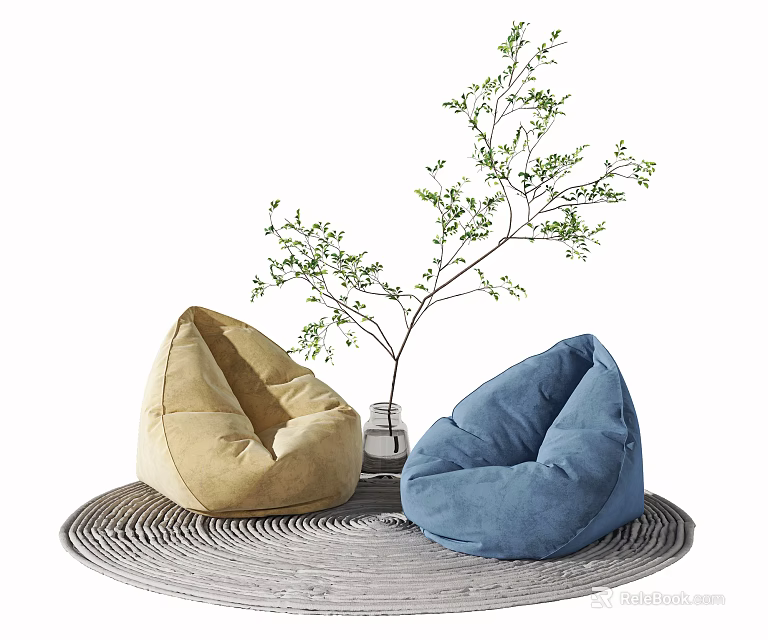 Beige and Blue Bean Bag Chairs on Circular Mat with Green Plant 3d model 