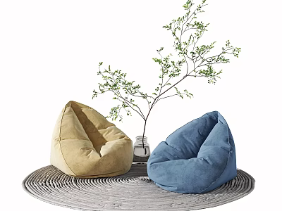 Beige and Blue Bean Bag Chairs on Circular Mat with Green Plant 3d model