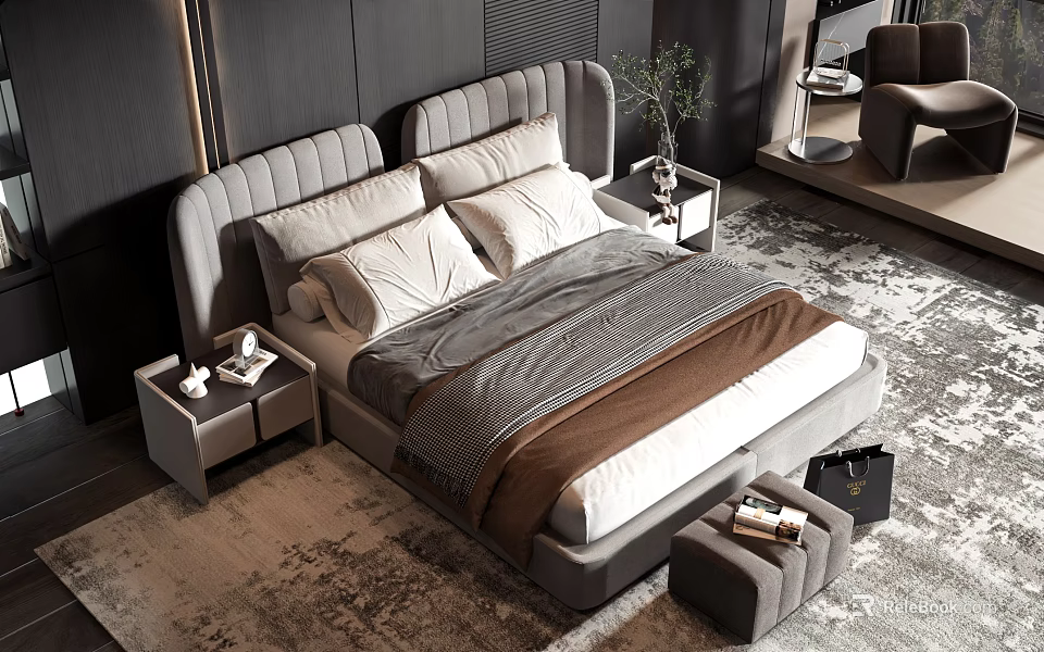 Modern Double Bed With Upholstered Headboard Neutral Bedding Nightstands Lamp Green Plant And Area Rug 3d model 