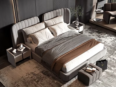 Modern Double Bed With Upholstered Headboard Neutral Bedding Nightstands Lamp Green Plant And Area Rug 3d model