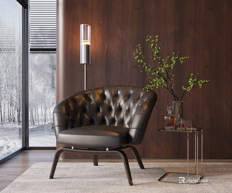 Tufted Black Leather Lounge Chair with Floor Lamp Side Table Green Plant and Wooden Wall 3d model 