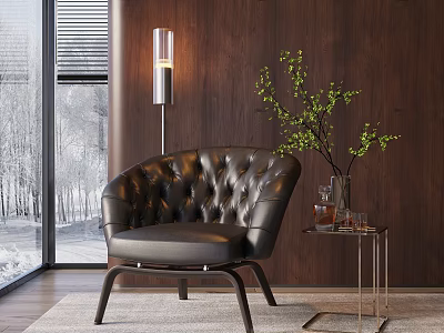Tufted Black Leather Lounge Chair with Floor Lamp Side Table Green Plant and Wooden Wall 3d model