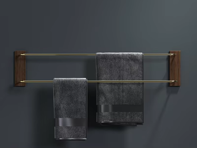 Modern Bathroom Towel Rack With Wooden Brackets And Golden Bars Holding Gray Towels 3d model