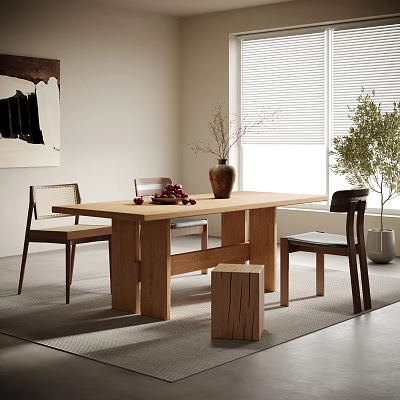 Natural Wooden Dining Table Set In Bright Interior With Vase Fruit Plant And Window Blinds 3d model
