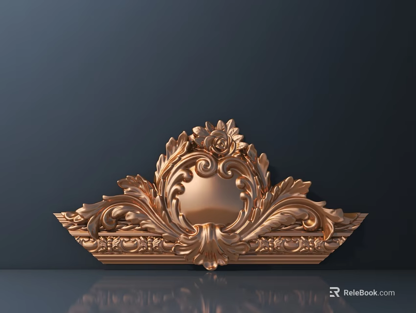 Golden Decorative Carving with Intricate Leaf Patterns and Circular Center Relief Design 3d model 