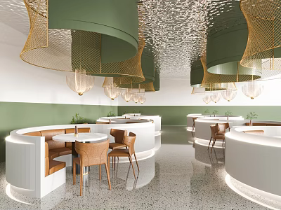 Modern Dining Table Set With Round Tables Brown Chairs Green Gold Pendant Lights Terrazzo Flooring 3d model