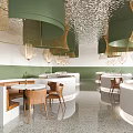 Modern Dining Table Set With Round Tables Brown Chairs Green Gold Pendant Lights Terrazzo Flooring
