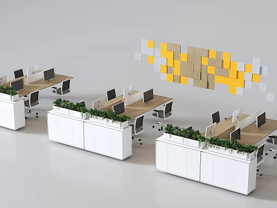 Office Desks With Computers White Cabinets Green Plants And Decorative Wall Panels 3d model