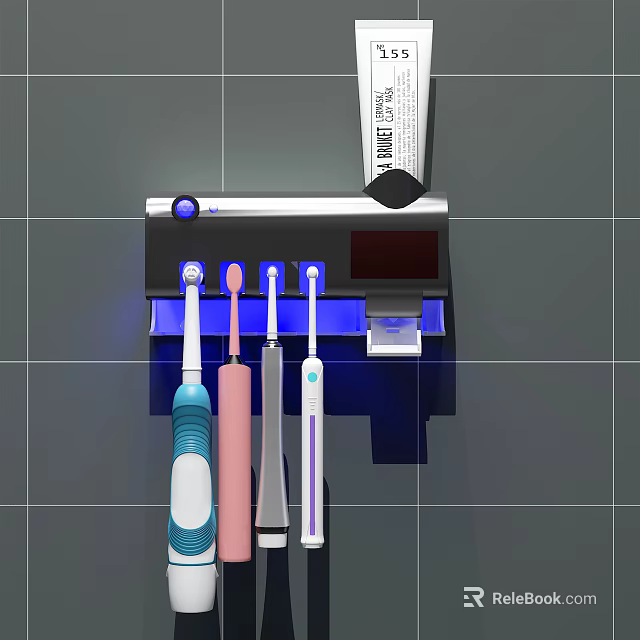 Bathroom Cabinet Rack With Colorful Toothbrushes And Blue Light On Tile Wall 3d model 
