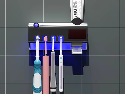 Bathroom Cabinet Rack With Colorful Toothbrushes And Blue Light On Tile Wall 3d model