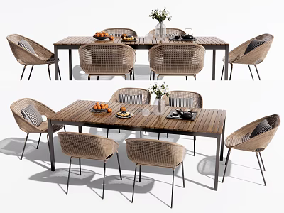 Modern Wooden Dining Table and Rattan Chair Set With Oranges Vase and Tableware 3d model
