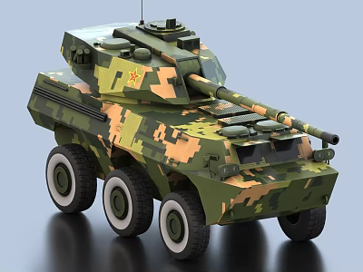 Camouflage Painted Military Tank With Six Wheeled Structure And Front Cannon Turret 3d model