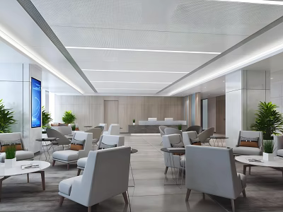 Modern Hotel Lobby Interior Design With Sofas Chairs Plants And Reception Desk 3d model
