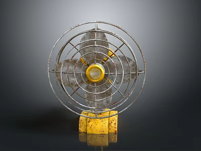Vintage Computer Cooling Fan With Metal Grille Three Blades And Rusty Yellow Base 3d model