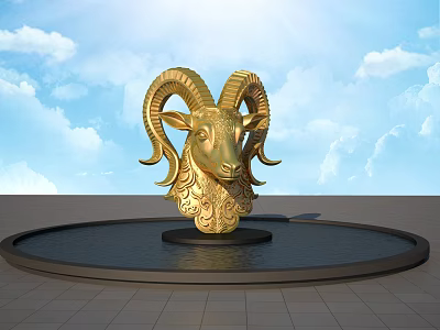 Golden Ram Head Sculpture Placed In Round Water Pool With Blue Sky White Clouds 3d model