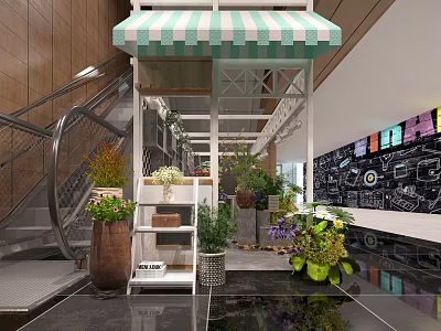 Plant Store With Green And White Striped Awning White Shelf Staircase And Graffiti Wall 3d model