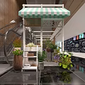 Plant Store With Green And White Striped Awning White Shelf Staircase And Graffiti Wall