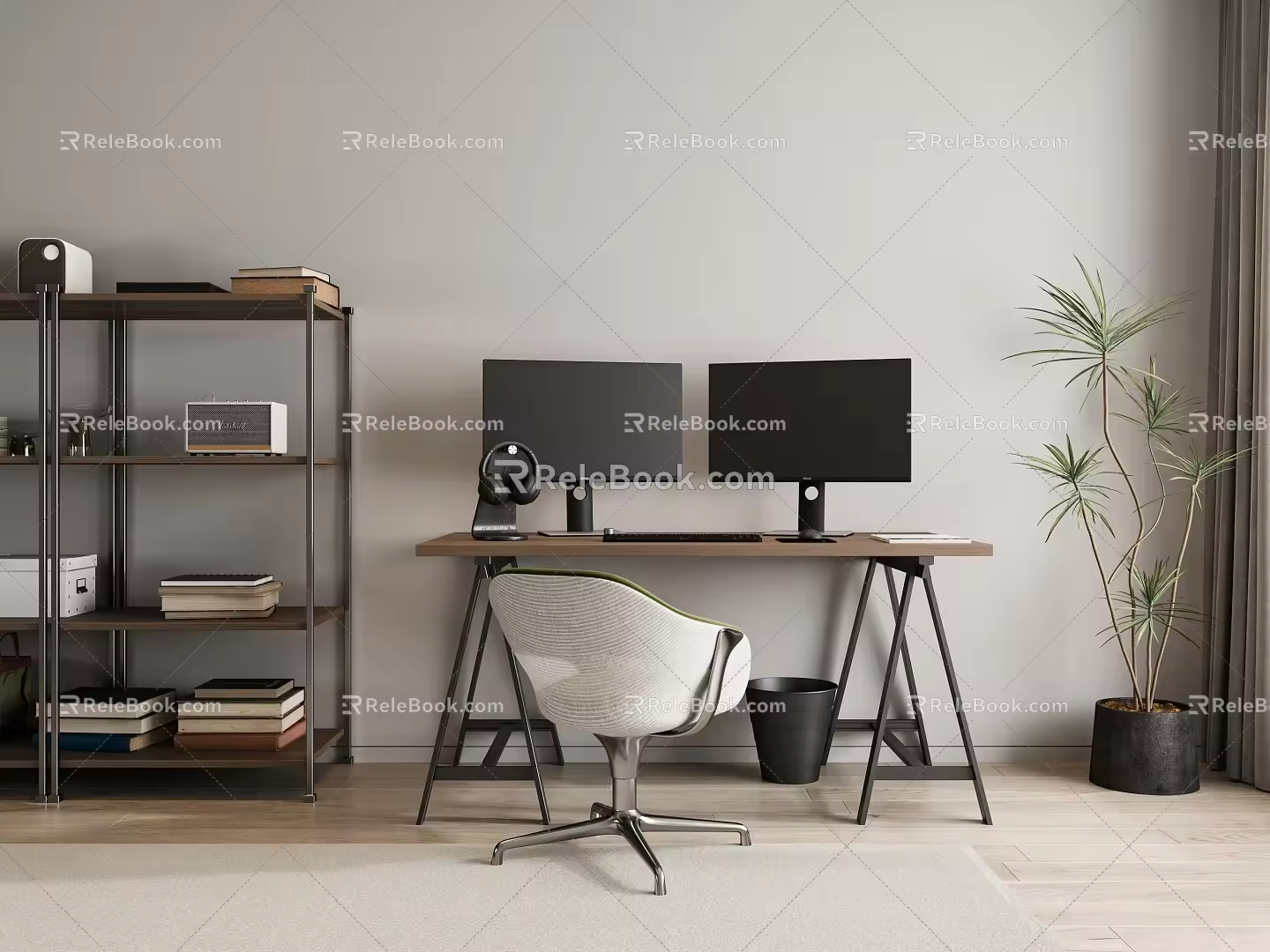 Desk and Chair Combination Computer Desk Storage Rack Green Plant 3d model