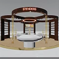 Modern Circular Exhibition Booth With Wooden Structure SIDORS Signage Central Table And Marble Elements