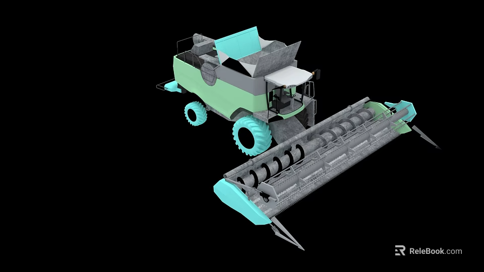 Green and Gray Agricultural Functional Vehicle with Large Wheels Harvesting Mechanism and Cabin 3d model 