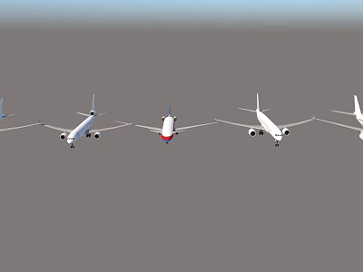 White and Red Commercial Airliners Flying in Line Against Gray Sky 3d model
