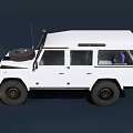 White Classic Off Road Vehicle With Rugged Exterior Yellow Headlights Black Tires And Roof Antenna
