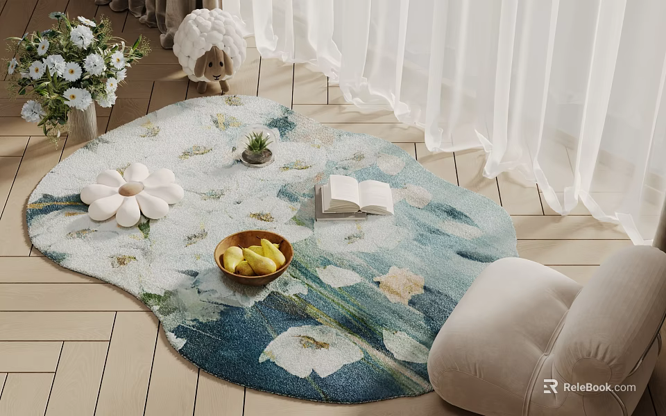 Decorative Square Rug with Floral Pattern Wooden Bowl Yellow Fruits Open Book on Wooden Floor 3d model 