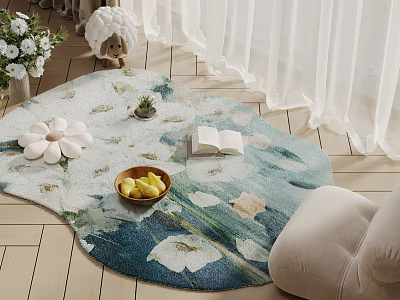 Decorative Square Rug with Floral Pattern Wooden Bowl Yellow Fruits Open Book on Wooden Floor 3d model