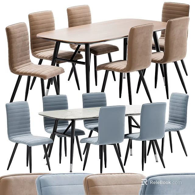 Light Brown and Light Blue Upholstered Striped Chairs with Rectangular Dining Table Set 3d model