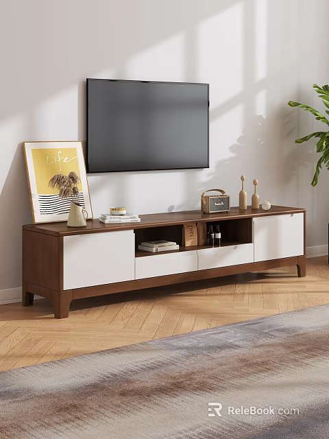 Modern Wooden TV Stand With Walnut Finish White Doors And Decorative Items 3d model 