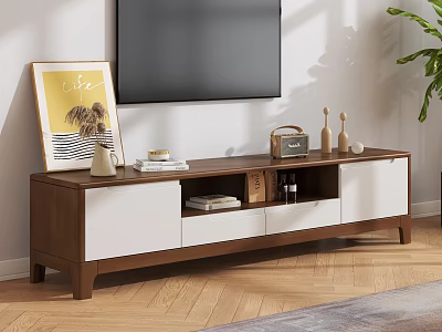 Modern Wooden TV Stand With Walnut Finish White Doors And Decorative Items 3d model