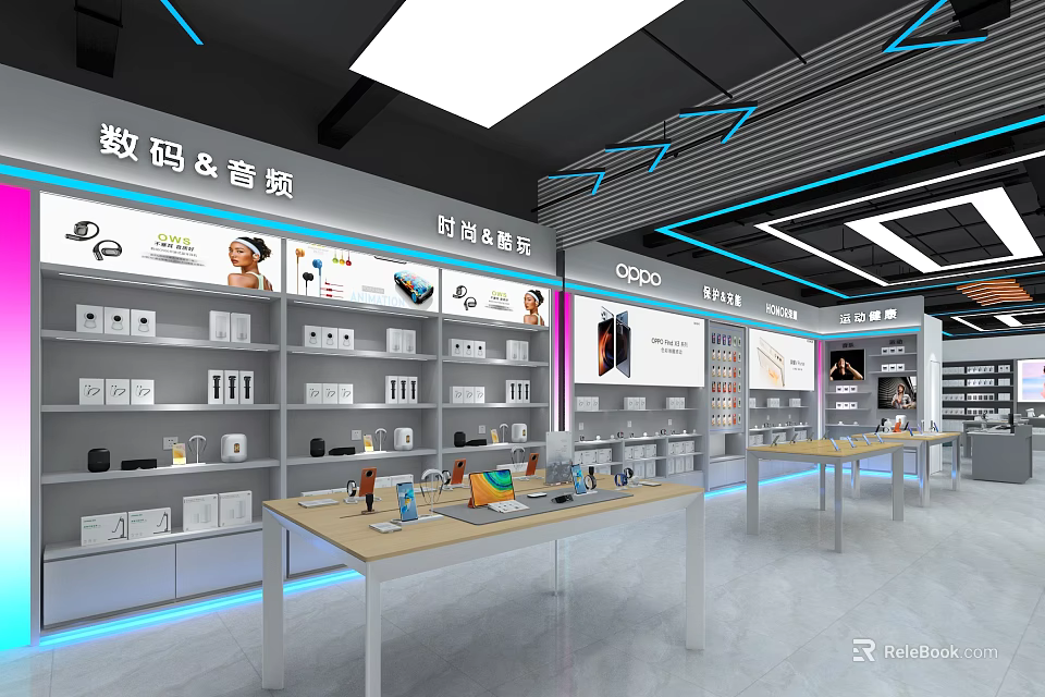 Modern Digital Store Interior With Audio Products Brand Sections And Display Shelves 3d model 