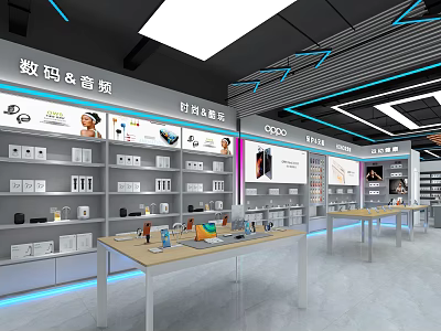 Modern Digital Store Interior With Audio Products Brand Sections And Display Shelves 3d model