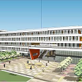 Modern School Building With Multi Story Structure Large Windows Glass Facade And Landscaped Entrance