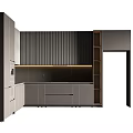 Modern Kitchen Interior With White Vertical Panel Cabinets And Black Countertop
