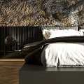 Modern Bedroom With Textured Wall Behind Bed Black Furniture White Bedding And Small Plant