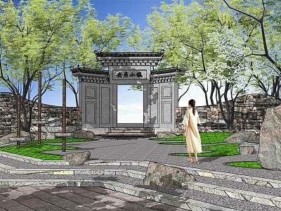 New Chinese Style Gate Folk Culture Square Village Gate Head Entrance Old Courtyard Landscape Village Landscape Wall model