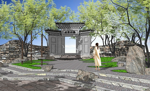 New Chinese Style Gate Folk Culture Square Village Gate Head Entrance Old Courtyard Landscape Village Landscape Wall 3d model